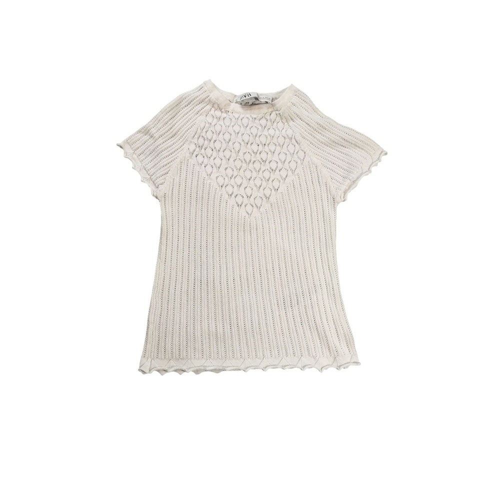 Zara Womens Cream Knit Short Sleeve Sweater S Textured Scalloped Hem Lightweight